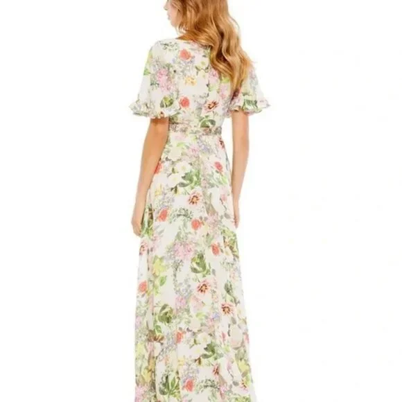 Mac Duggal Ivory Floral Print Faux Wrap Flutter Sleeve A Line Gown